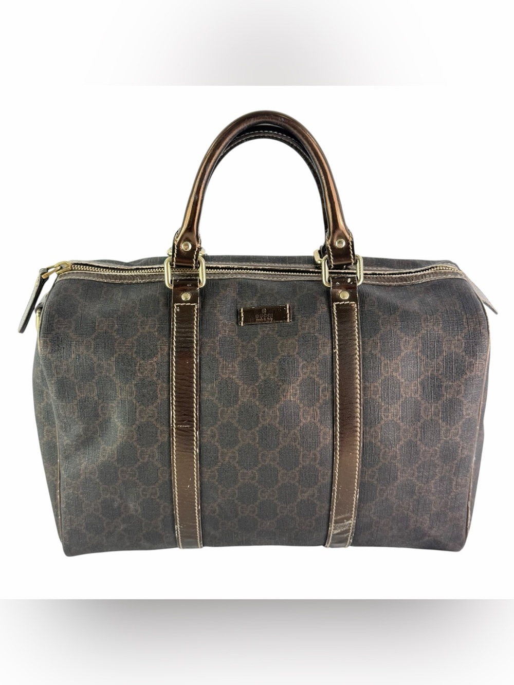 GUCCI Dark Brown Canvas Supreme Metallic Bronze Leather Joy Boston Satchel Bag